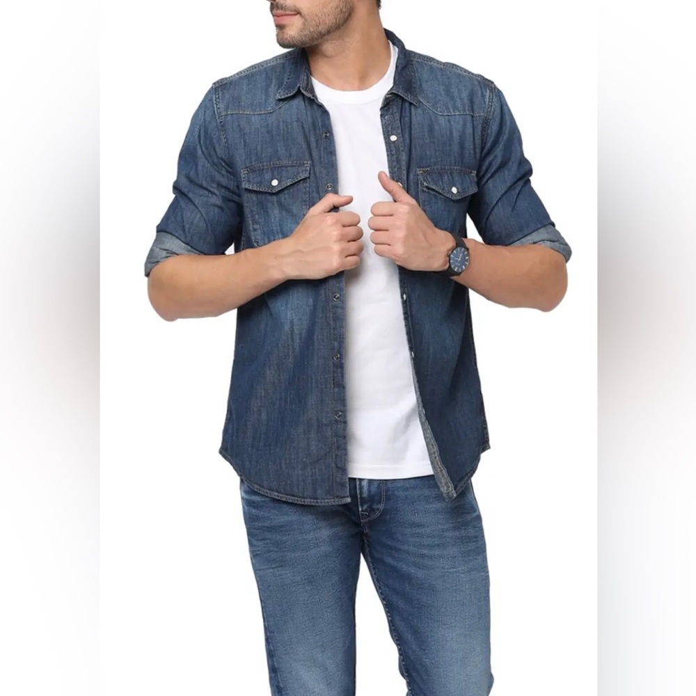 7 FOR ALL MANKIND Faded Blue Denim Shirt Button-down 2-Pocket S NWT MSRP $188